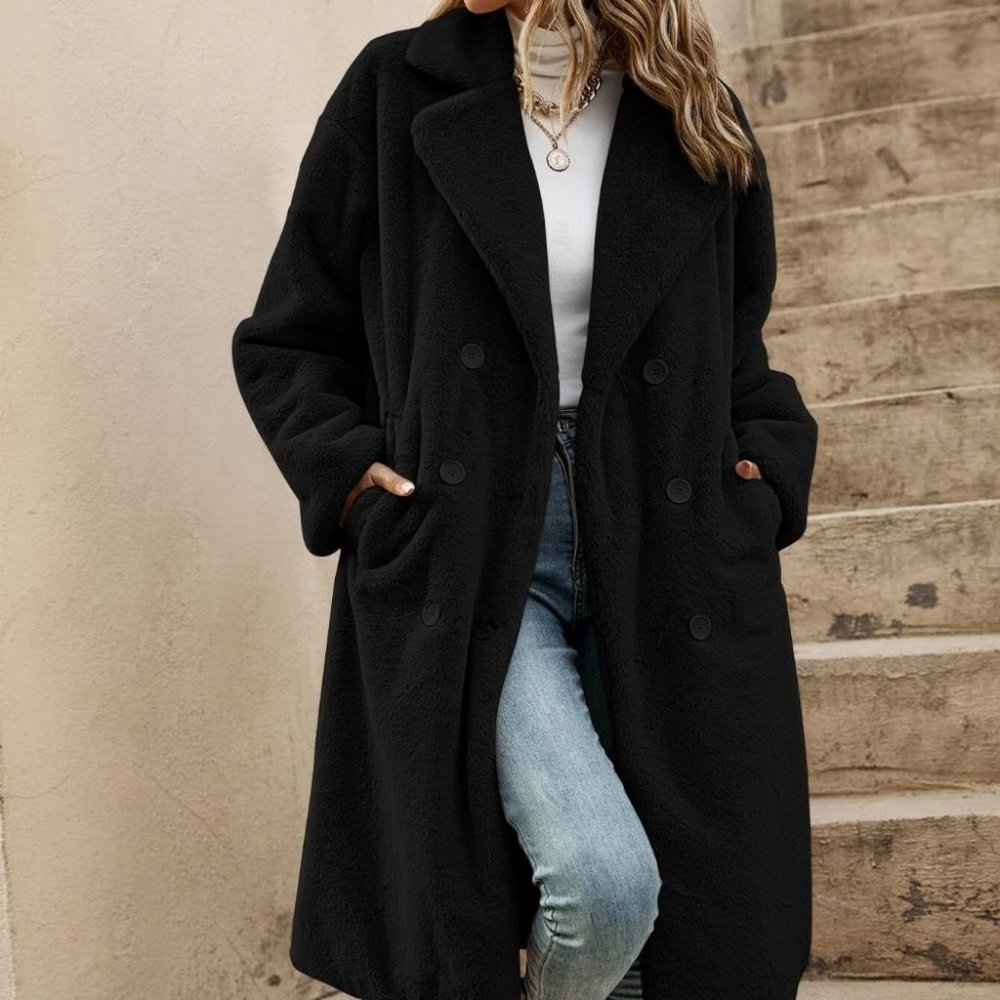 Black Preppy Womens Teddy Coat - Picture 3 of 4